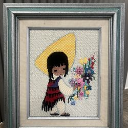 Vintage Framed Needlepoint Art Native American Boy & Flowers 