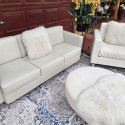Beautiful Set 3 Pcs Furniture Couch With Chair Ottoman Leather Furniture White Color 
