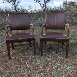 Set Of Vintage Gunlocke Leather Arm Chairs With Nailhead Trim 
