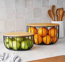 Black Wire Fruit Baskets with Wooden Lids Set of 2