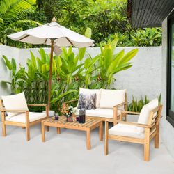 COSTWAY 4 Pieces Outdoor Acacia Wood Sofa Set, Outdoor Conversation Sofa Set with Table & Cushions Porch Chairs for Garden, Patio, Deck 1 White