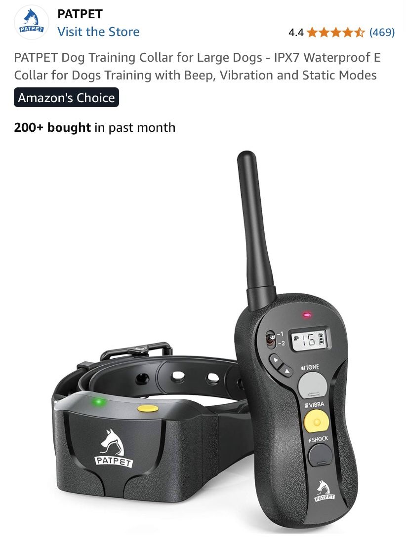 PATPET Dog Training Collar for Large Dogs - IPX7 Waterproof E Collar for Dogs Training with Beep, Vibration and Static Modes