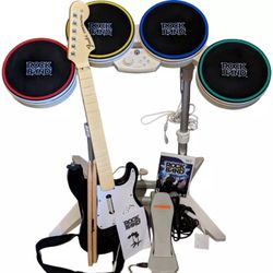 Wii Rock Band Complete Set Bundle Game Drums Sticks Pedal Guitar Dongle Mic Hub