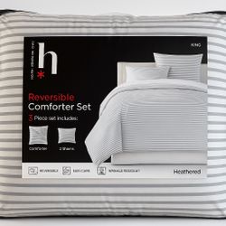 Home Expressions King Reversible Comforter Set 3pc Heathered Striped Bedding New