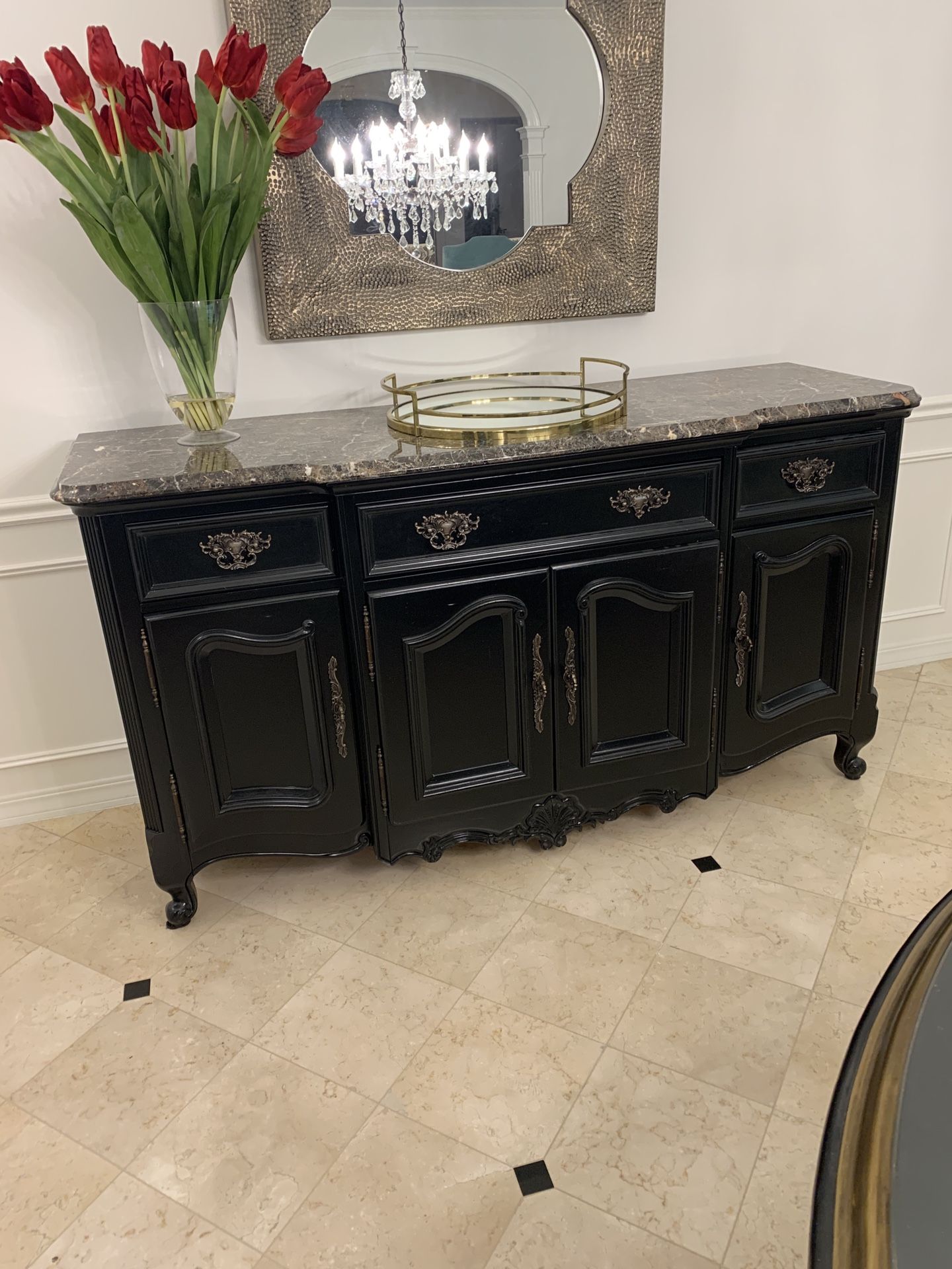 Bernhardt Black Avignon Buffet + Marble Top. 