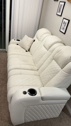 White Leather Sofa with Cup Holders & Side Storage Consoles