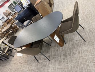 Oval Dining Table with Upholstered Chairs - Charcoal Grey Top With Warm Brown Wood Base | Armchair