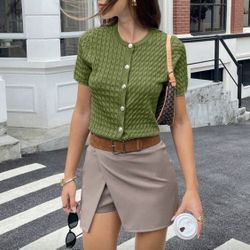 Button Up Half Sleeved Knitted Cardigan Top 