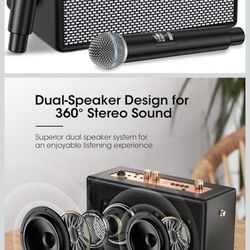 Karaoke Machine, Retro-Design Speaker with 2 Wireless Microphones for Adults & Kids, Portable Karaoke System for Home Party, Bluetooth/AUX/USB/TF/TWS 