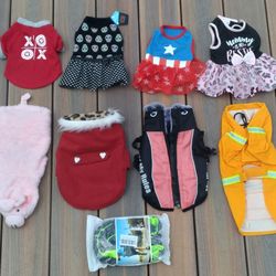 8 Dog Outfits (3 NEW) - Sz Small + NEW Handsfree Leash 