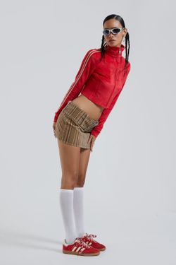 Jaded London Red and Cream Atom Zip Up Sporty Y2K Velour Jacket