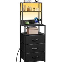 WLIVE Tall Nightstand with Charging Station, LED Night Stand with 3 Fabric Drawers and Storage Open Shelves, Bedroom Nightstand table, Bed Side Table 