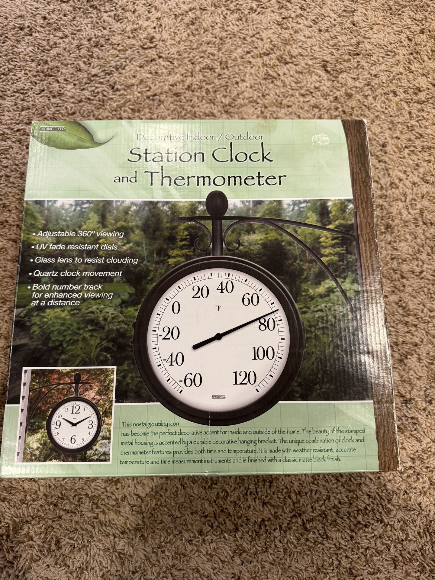 New in Box Decorative indoor/outdoor Station Clock and Thermometer by Springfield