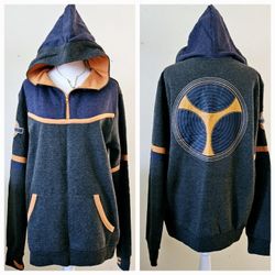 Size Small Marvel Hot Topic Black Widow Taskmaster Mens Hoodie Sweatshirt Dark Grey with Blue Upper Body and Orange Edging. Body 52% Cotton, 48% Polye