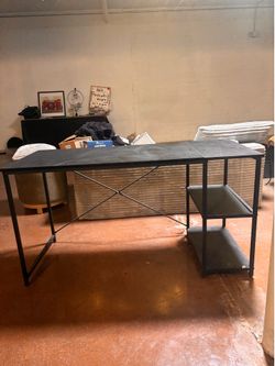Black Industrial Home Office Desk with Built-In Shelves
