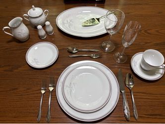 Noritake Malverne 3501 China Set for 12 w/ Silverware & Wine Glasses