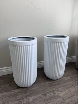 Set Of 2 White Fluted Fiberglass Tall Planters