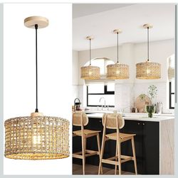 Hand-Woven Rattan Pendant Light, 11.8" Bohemian 1-Light Natural Wicker Hanging Lighting Fixture Ceiling Farmhouse Basket Hanging Lamp Chandelier