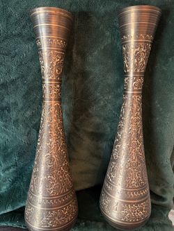Pair Vintage Indian Engraved Brass Vases 16″ Tall – Pristine