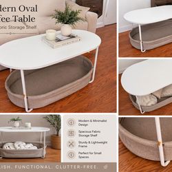 Modern Oval Coffee Table with Fabric Storage Shelf