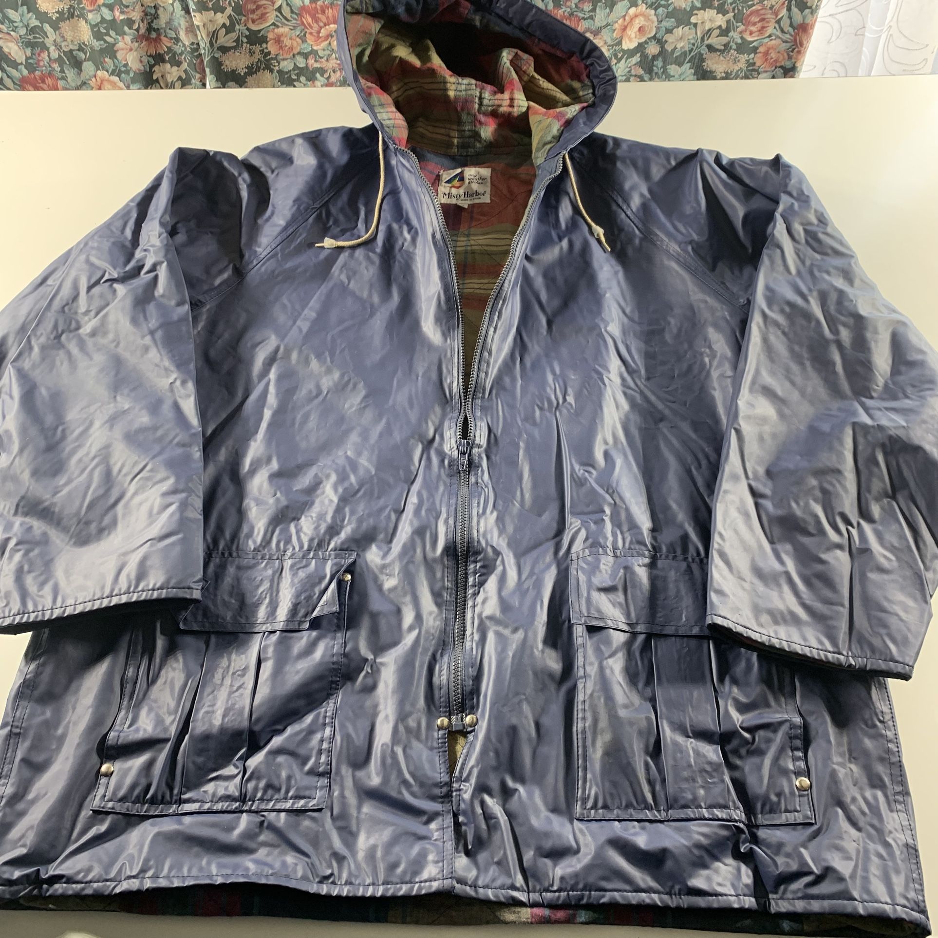 Vintage MISTY HARBOR Size X-Large Anytime Jacket Rain Coat Plaid Lining Navy