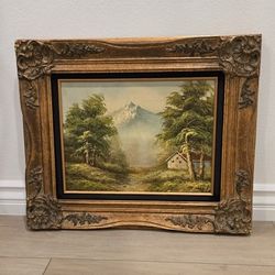 Vintage Serene Landscape Hand Painting With Ornate Gold Wood Frame 20x24 inches