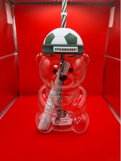 Starbucks Bearista Football 20 oz Clear Cold Cup Tumbler w/ Straw Soccer Lid