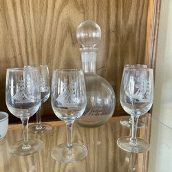 Vintage Etched Sailboat Decanter & Wine Glass Set