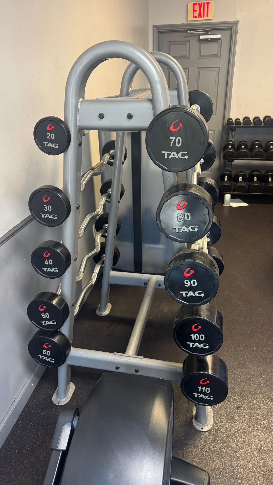 Tag Urethane EZ-Curl Barbell Set 30-100 with York Rack. Commercial Gym Equipment.