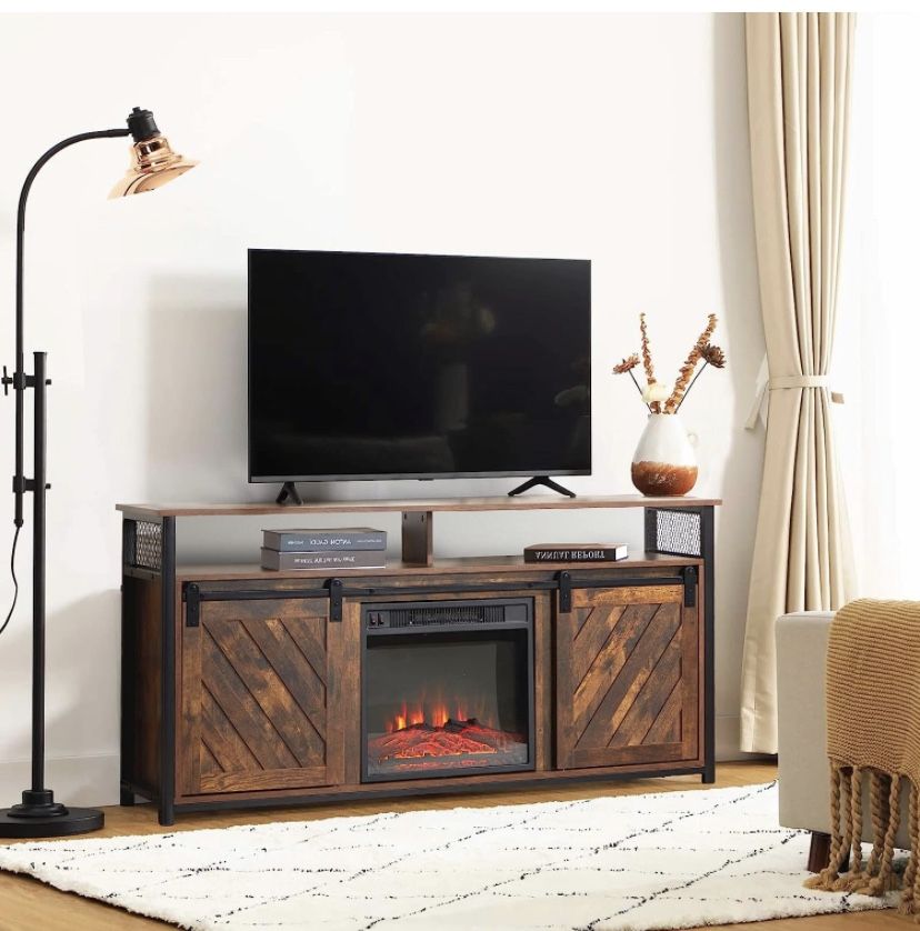 48" Electric Fireplace TV Stand for TVs up to 65" Media Entertainment Center Console Table with Open Storage Shelves&Sliding Barn Doors Cabinets Flame