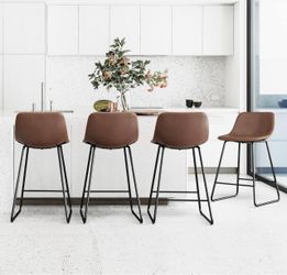 24 in. Dark Brown Faux Leather Bar Stool Low Back Metal Frame Counter Height Bar Stool (Set of 4)