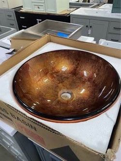New Vessel Sink Golden Brown 17” Artistic Round Bowl Sink for Bathrooms Tempered Glass Above Counter