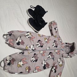 Traje de nieve para niña, talla 12meses($25)puede servirle a niñas de hasta 3 años/Zapatos impermeables para nieve para niña, Nro. 8.5 ($20)Todo X$40