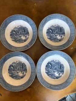 Currier & Ives Blue and White Soup Bowls Set of 4