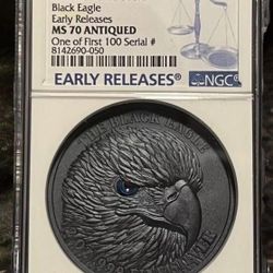 2024 Chad S10KF Black Eagle, 2 oz Pure Silver (.999 Fine) • Early Releases, First 100 Serial Label • Graded NGC MS70 Antiqued • RARE Low Pop