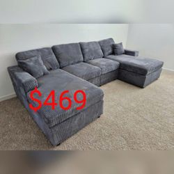 Dark Gray Corduroy Double Chaise Sectional Sofa 122"W x 60"D x 35"H 