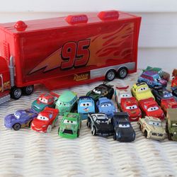 Disney Pixar Cars Mini Racers Set #1 - Mack Car Carrier, Moderate Wear, Some Paint Chips- Lightning McQueen, Mator, Fillmore, Ramone, Demolition Derby