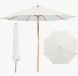 9' Bamboo Patio Umbrella with UPF 50+ Sun Protection, Rope Pulley Lift & Push- Button Tilt Off-White