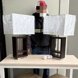 New In Box Set Of 2 Modern Contemporary Style Home Decor Table Lamp Wooden Stand With Lampshade 