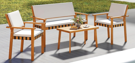 4 Pieces Acacia Outdoor Wood Patio Furniture Set with Cushions