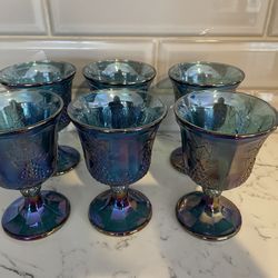  Set of 6 Vintage Indiana Carnival Glass Iridescent Blue Harvest Grape Goblets