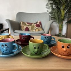 Set of 6 vintage Colorful Face Espresso Cups and Saucers - New