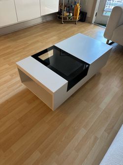 Modern White & Black Coffee Table with Glass Insert & Storage 48”