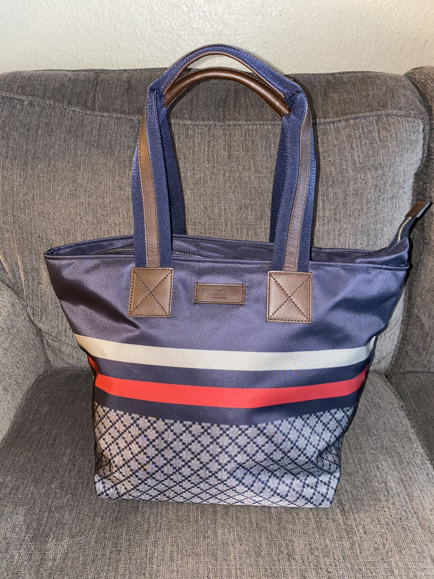 Gucci Unisex Blue Nylon Diamante Travel Tote Handbag {contact info removed}