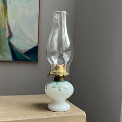 Vintage Hand Painted Milk Glass Oil Lamp ( H12.2" ) firm on price 