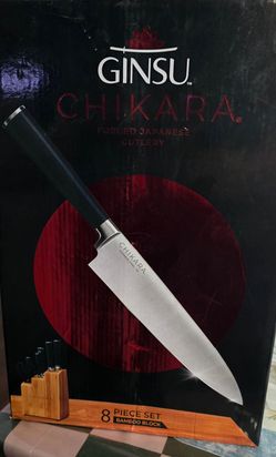 Ginsu Chikara Series Forged 8-Piece Japanese Knife Set, Black - Premium Cutlery Set with 420J Stainless Steel Kitchen Knives and Bamboo Block
