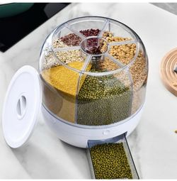Dry Food Dispenser Multi-Grid Rotating Food Storage with Lid Clear Rice Container for Rice Candy Barley Millet Grain Kitchen Pantry Countertop Home