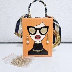 Orange bag lady women novelty face box clutch crossbody bag purse handbag gift
