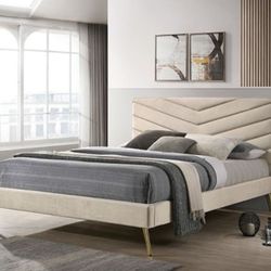 Brand New Mid-century Modern Beige King Size Bed Frame