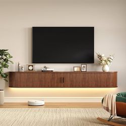 80" Floating TV Stand with Power Outlet for TVs up to 95", Walnut Fluted Entertainment Center with Remote Control for LED Lights, Mid-Century Modern T